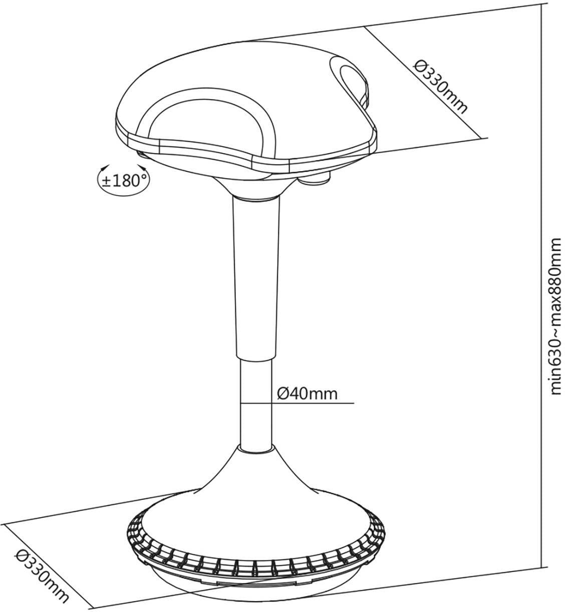 Dessin au trait d'une lampe à hauteur réglable. Dimensions : Tête Ø330mm, tige Ø40mm, hauteur 630-880mm. Plage de rotation de la tête 180 degrés.