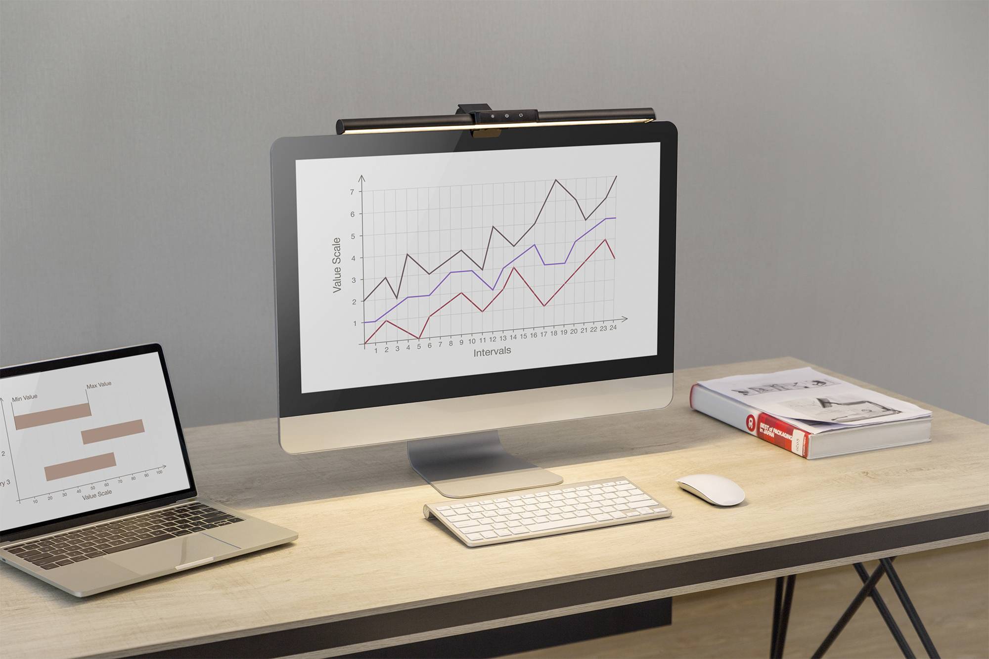 Un bureau avec un ordinateur de bureau affichant un graphique linéaire à plusieurs lignes. À côté, un ordinateur portable montrant un graphique à barres.