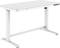 Un bureau blanc réglable en hauteur avec un plateau rectangulaire et un panneau de commande numérique sur le bord avant.