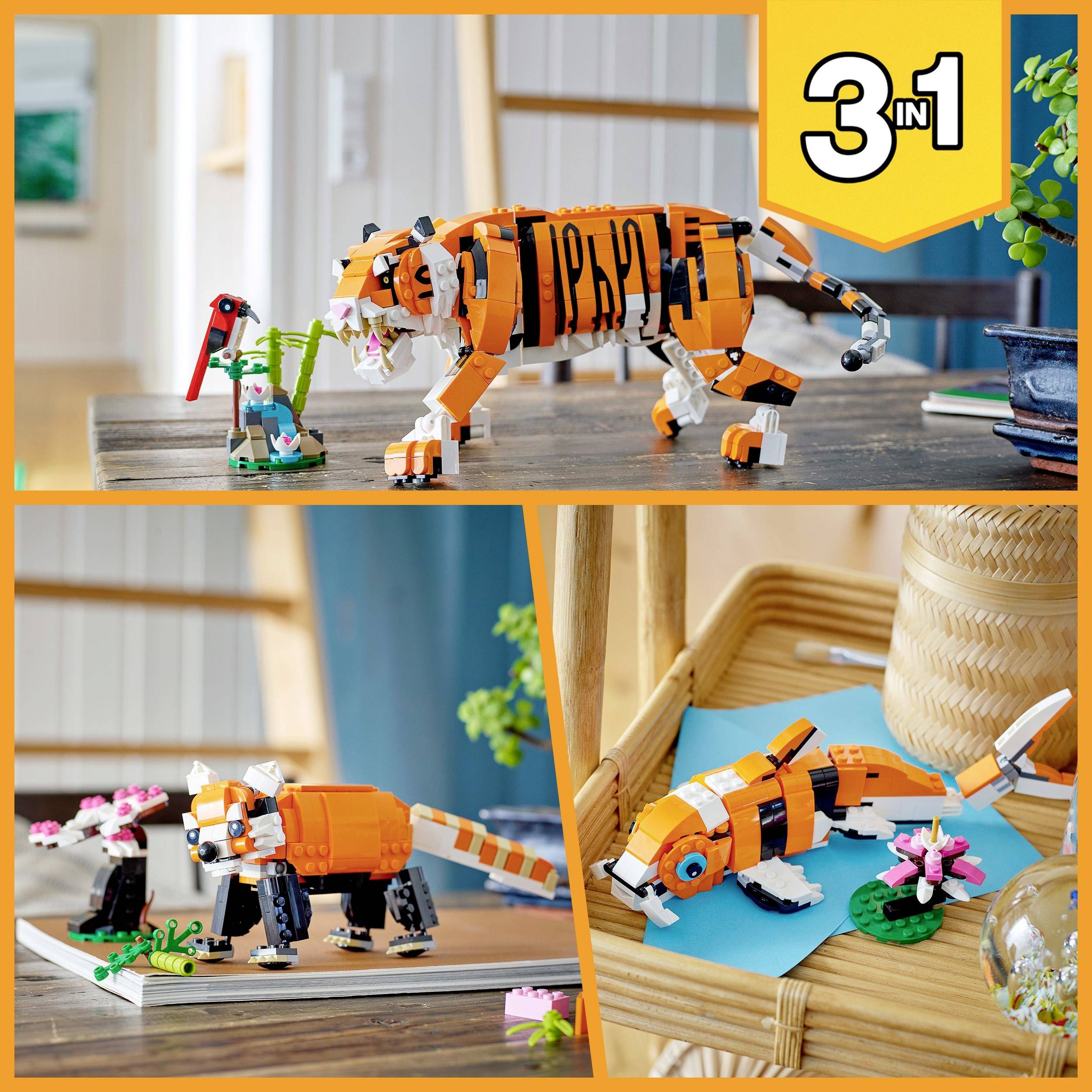 Ensemble de jouets : Trois options de construction en un. Image du haut : Figurine de tigre. Image du bas à gauche : Petit tigre. Image du bas à droite : Figurine de poisson.