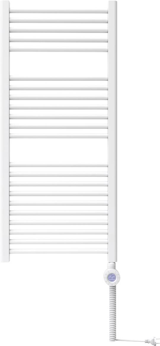 Un radiateur sèche-serviettes blanc avec plusieurs barres horizontales et un interrupteur de connexion électrique à son extrémité inférieure.