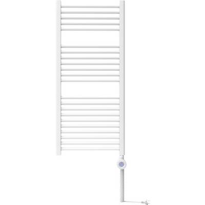 Un radiateur sèche-serviettes blanc avec plusieurs barres horizontales et un interrupteur de connexion électrique à son extrémité inférieure.