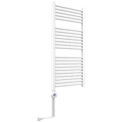 Radiateur sèche-serviettes électrique en blanc, monté verticalement, avec câble spiralé et régulation de température. Idéal pour la salle de bain.