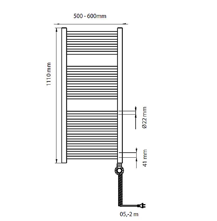 Diagramme de radiateur, indiquant les dimensions : hauteur 1110 mm, largeur 500-600 mm, diamètre du tube 22 mm, distance au mur 41 mm. Câble 0,5-2 m.
