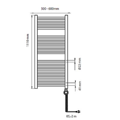 Diagramme de radiateur, indiquant les dimensions : hauteur 1110 mm, largeur 500-600 mm, diamètre du tube 22 mm, distance au mur 41 mm. Câble 0,5-2 m.