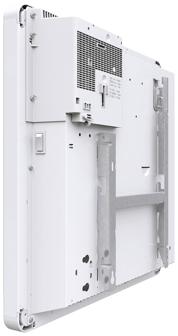 Radiateur électronique mural étroit et blanc, représenté de côté, montrant les fentes de ventilation et les supports de montage.