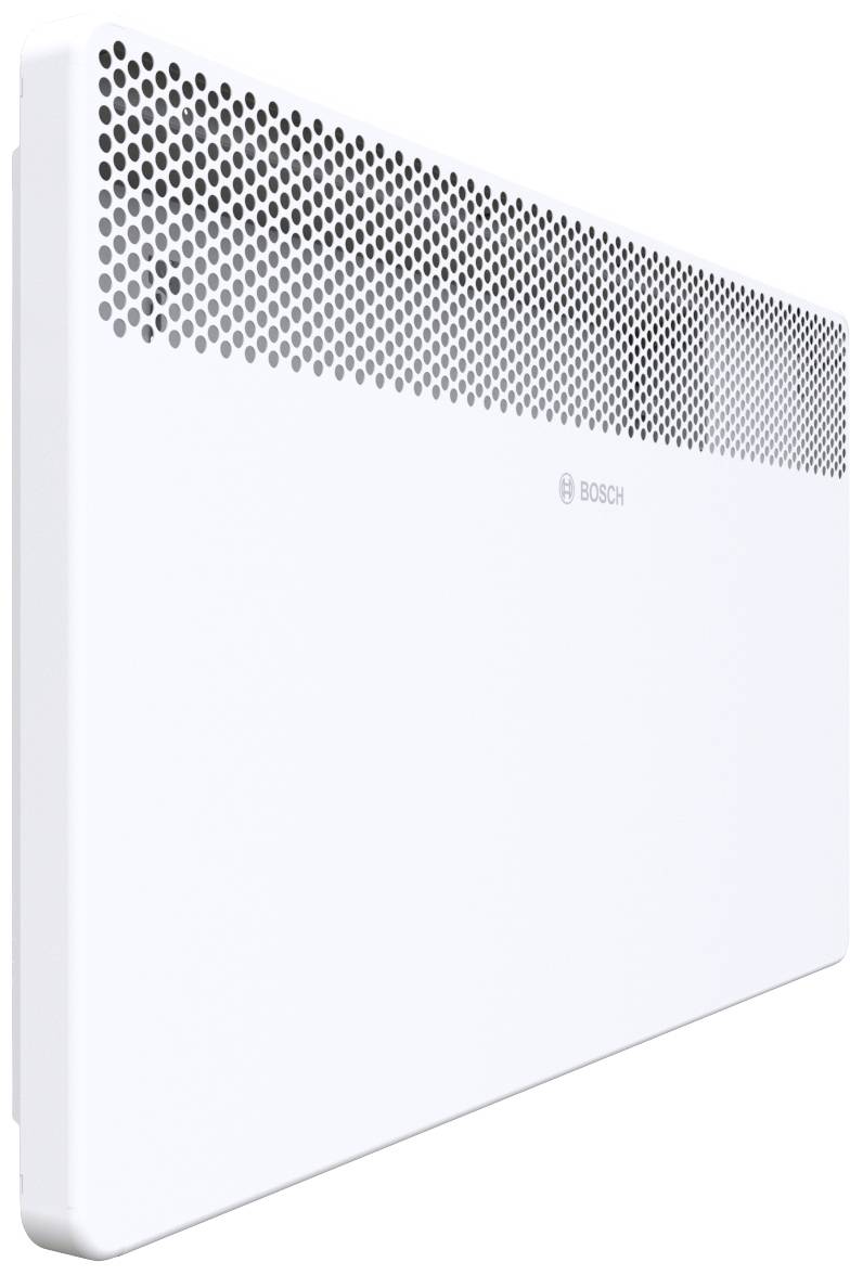 Radiateur électrique blanc avec motif perforé en haut, forme compacte, adapté au chauffage d'une pièce, marque visible au centre.