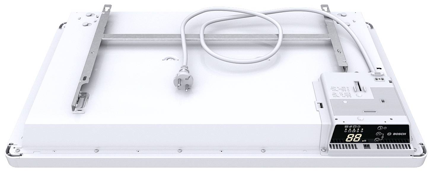 Luminaire avec boîtier rectangulaire, deux rails et un dispositif de commande électronique avec affichage numérique. Câbles et fiche visibles.