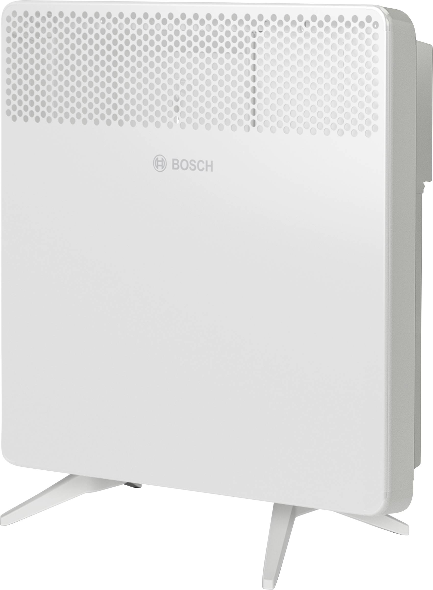 Un radiateur blanc de Bosch au design minimaliste et reposant sur des pieds. Adapté pour l'intérieur et destiné au chauffage des espaces.