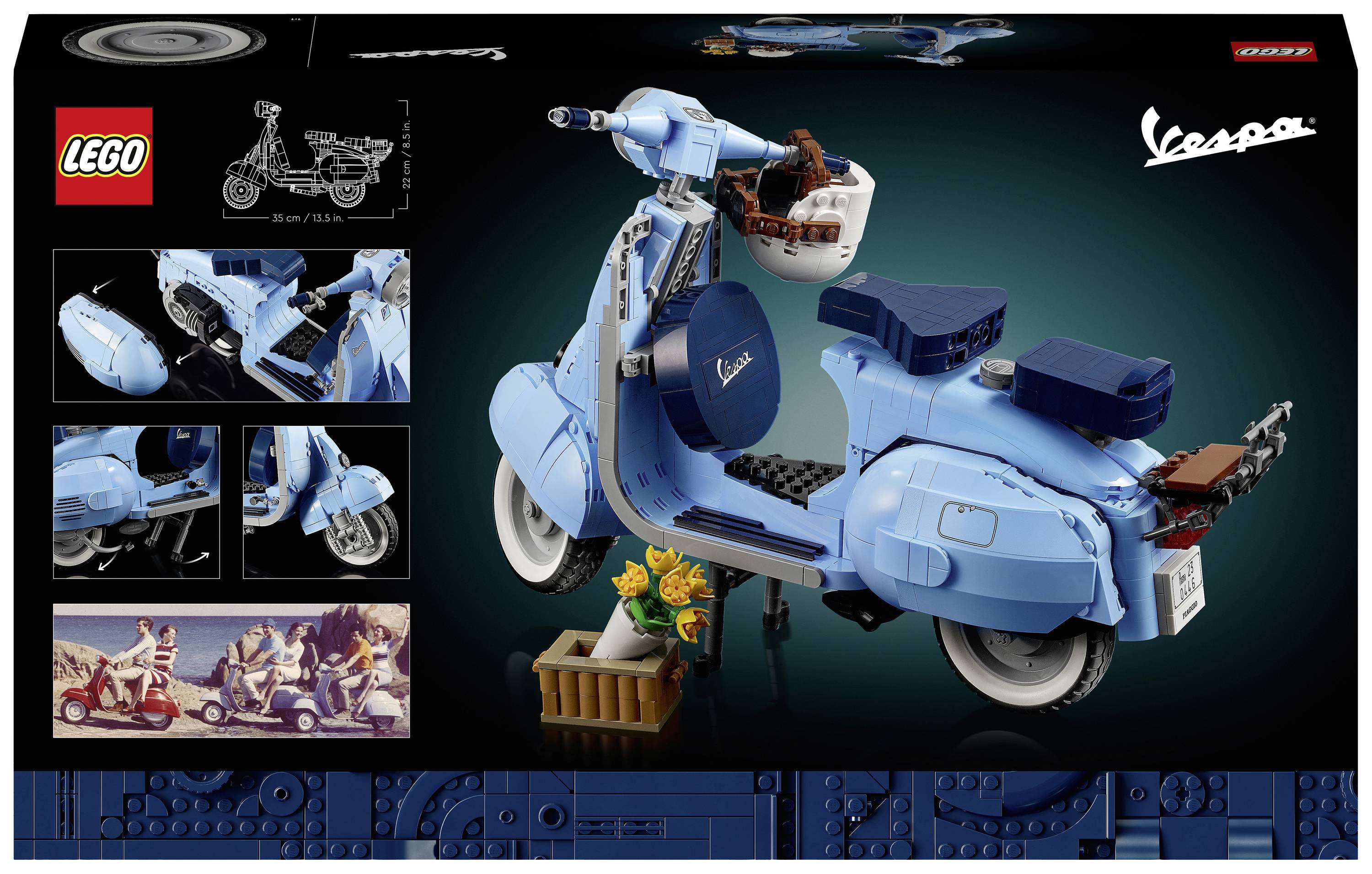 Un ensemble LEGO présente une Vespa bleue détaillée. Il comprend des accessoires tels qu'une fleur et un panier. Les logos LEGO et Vespa sont visibles.