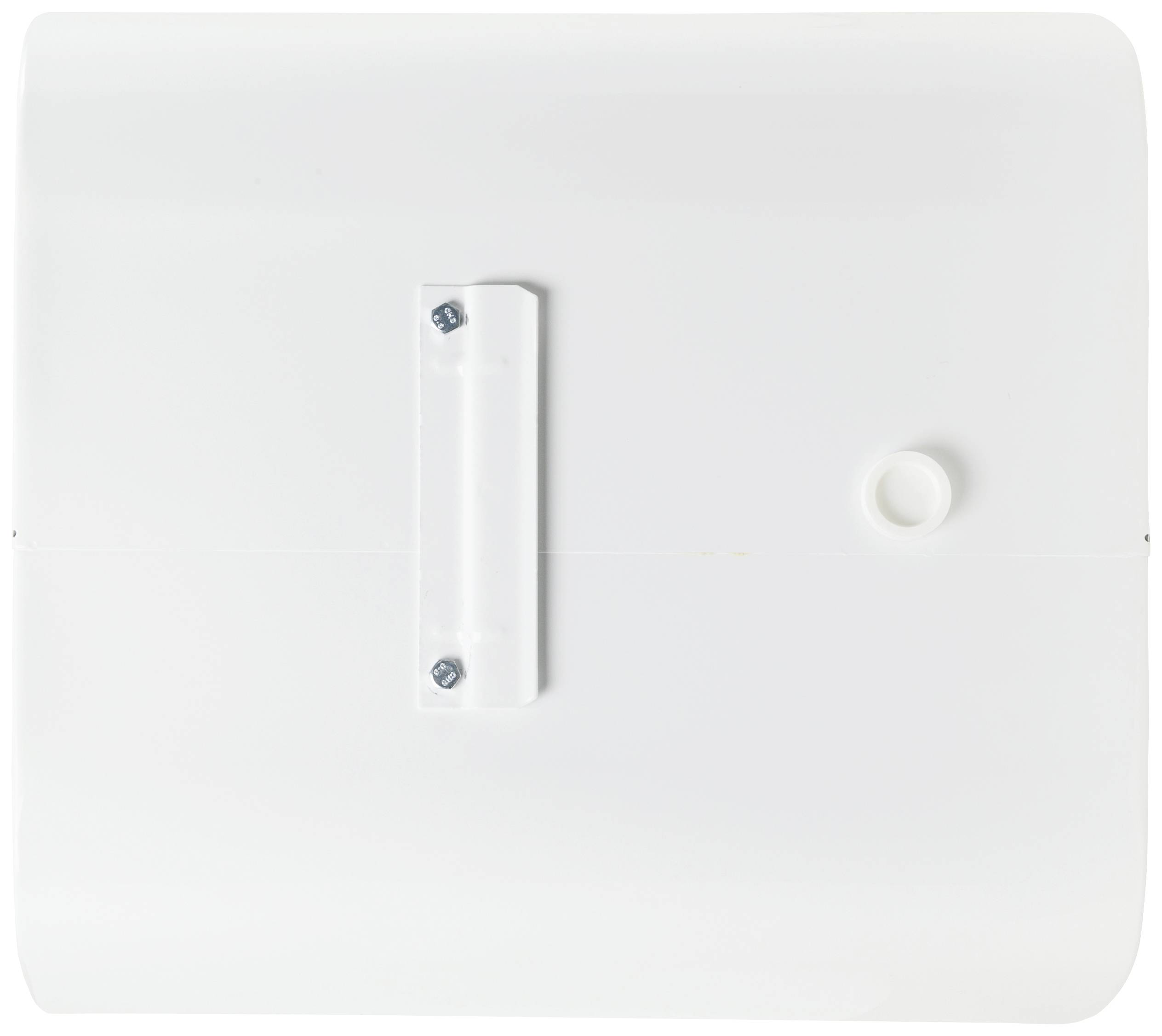 Couvercle en plastique blanc fixé par des vis, avec un relief circulaire sur la droite ; design simple et fonctionnel.