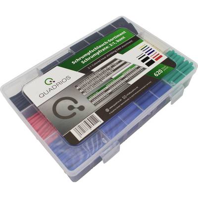 Une boîte en plastique contenant des gaines thermorétractables de différentes couleurs et tailles, étiquetée 'Assortiment de gaines thermorétractables - 620 pièces'.