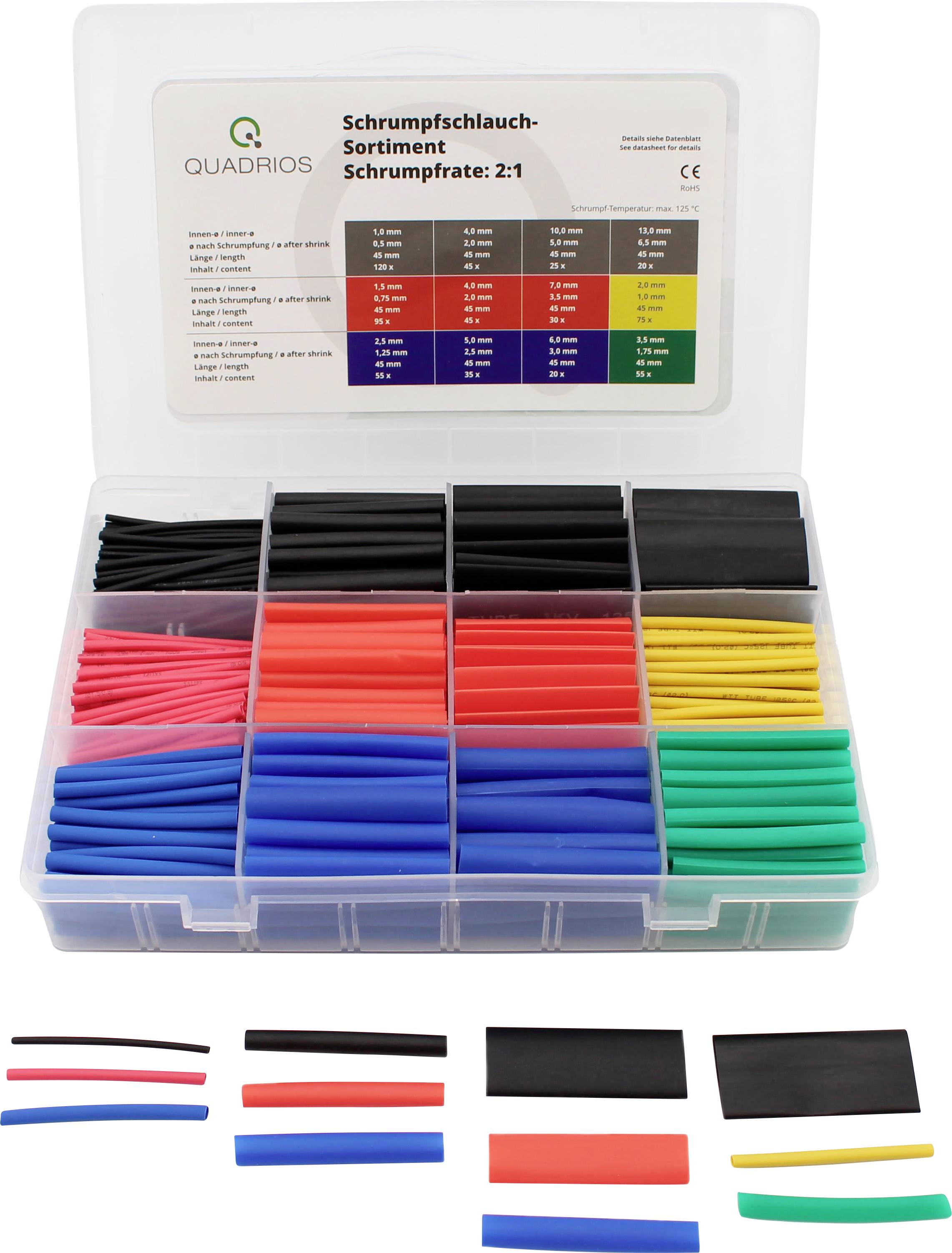 Boîte en plastique contenant des gaines thermoretractables triées de différentes couleurs et tailles, avec un taux de rétraction de 2:1, séparées en compartiments carrés.