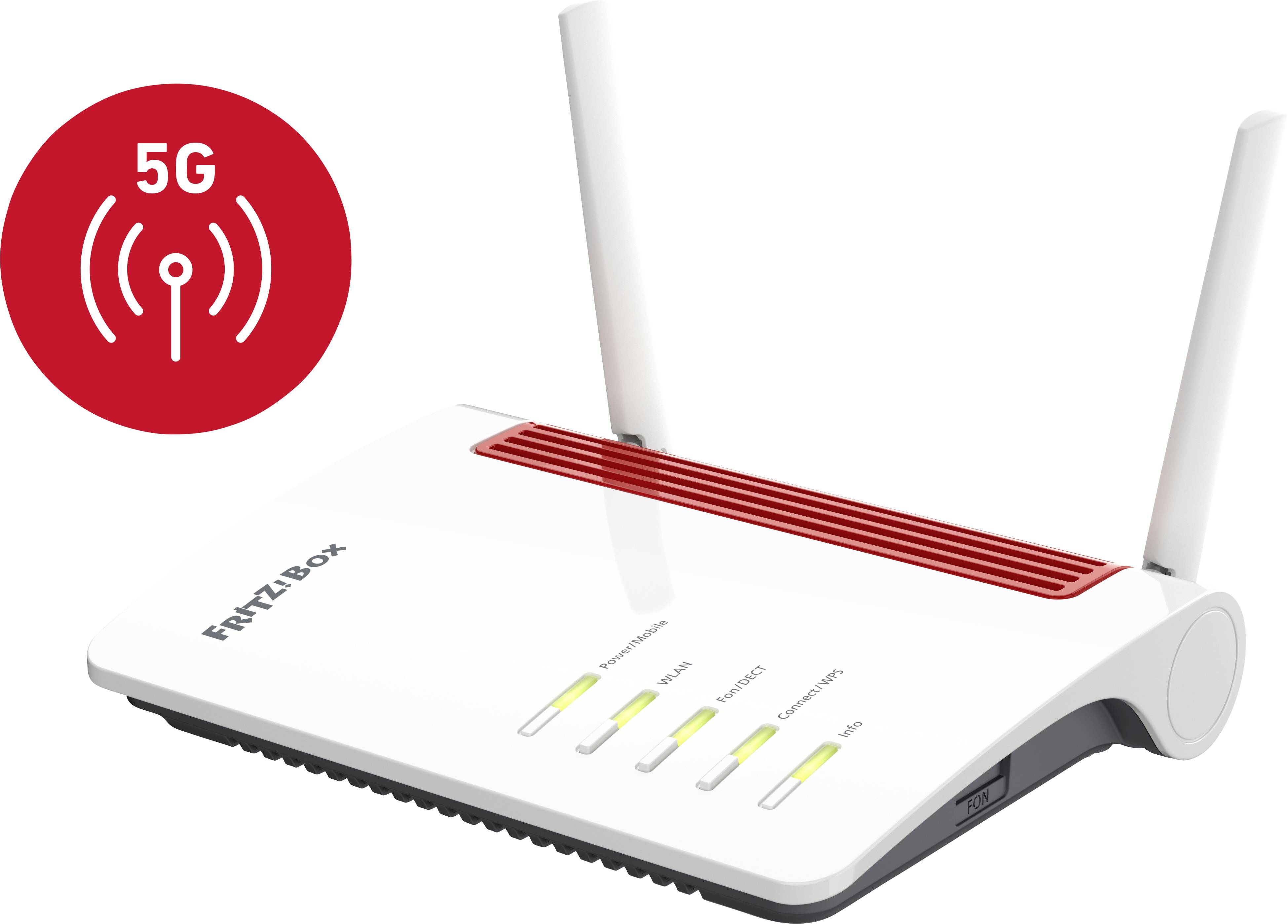 Routeur Wi-Fi avec capacité 5G et deux antennes blanches, fentes de ventilation rouges, voyants de statut allumés en jaune, logo FRITZ!Box visible.