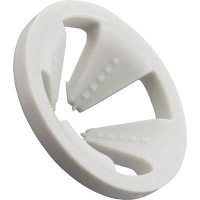 Une pièce en plastique blanche et ronde avec quatre ouvertures biseautées réparties uniformément à l'intérieur, ressemblant à un insert de presse-agrumes.