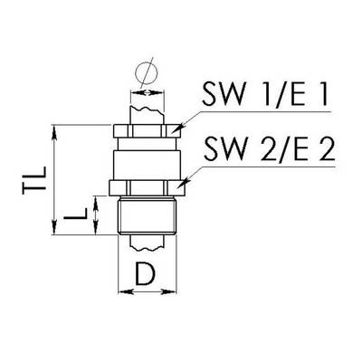 Dessin technique d'un composant avec cotes : TL, L et D ainsi que marquages SW 1/E 1 et SW 2/E 2.