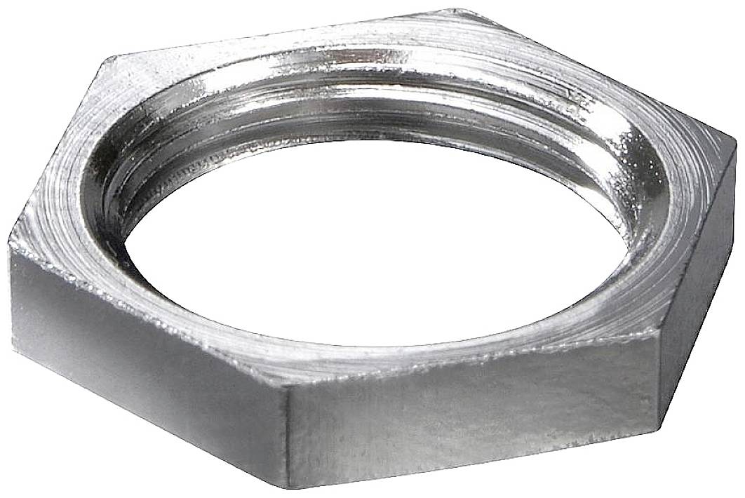 Écrou hexagonal en métal à surface brillante, reposant sur une surface blanche.