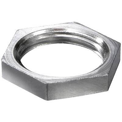 Écrou hexagonal en métal, de couleur argentée, posé sur un fond blanc. Il possède un filetage intérieur destiné à être utilisé dans des connexions mécaniques.
