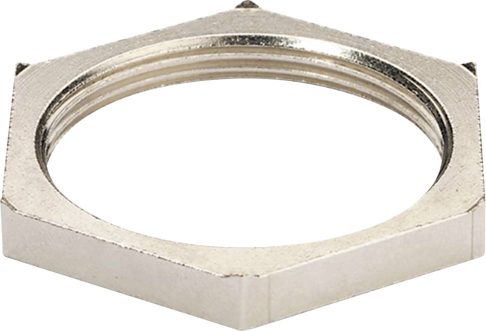Écrou hexagonal en métal avec filetage intérieur cylindrique.