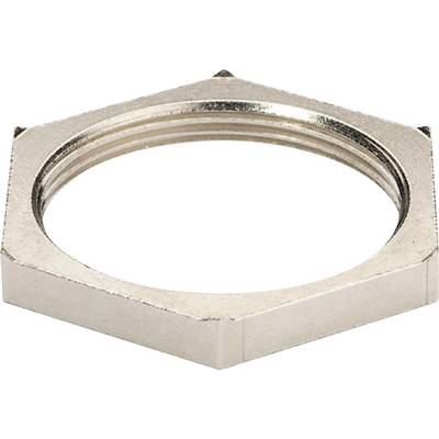 Écrou hexagonal en métal argenté avec filetage intérieur, utilisé pour fixer des composants dans des constructions mécaniques.