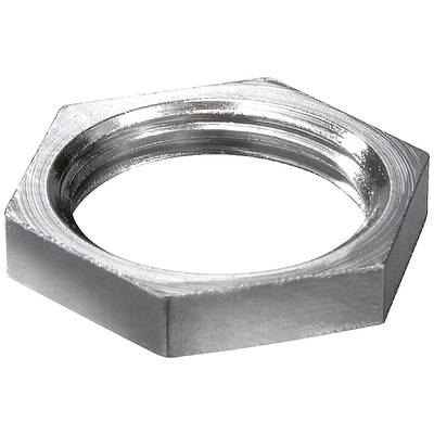 Écrou hexagonal en métal sur fond blanc, vu de dessus avec des surfaces réfléchissantes et un filetage intérieur.