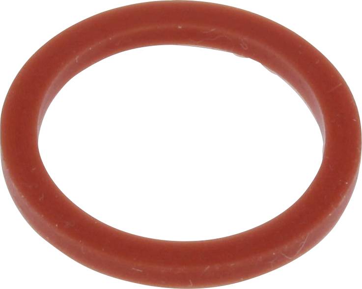 Un joint torique rouge en caoutchouc, de forme circulaire, est posé à plat sur une surface blanche.