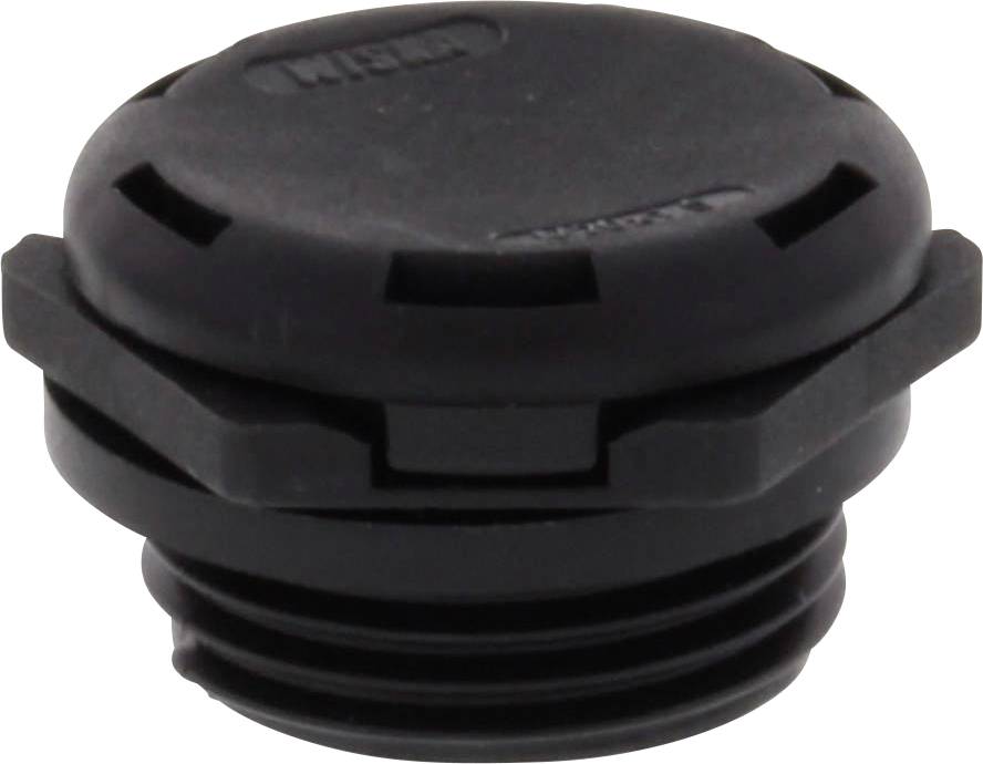 Un bouchon de fermeture en plastique noir de forme hexagonale avec plusieurs fentes de ventilation. Utilisé pour le scellement ou l'aération.