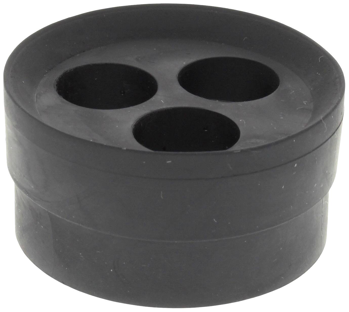 Bouchon en caoutchouc noir, rond, à trois ouvertures, servant de joint ou de fermeture dans diverses applications.