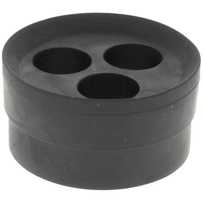 Bouchon en caoutchouc noir, rond, à trois ouvertures, servant de joint ou de fermeture dans diverses applications.