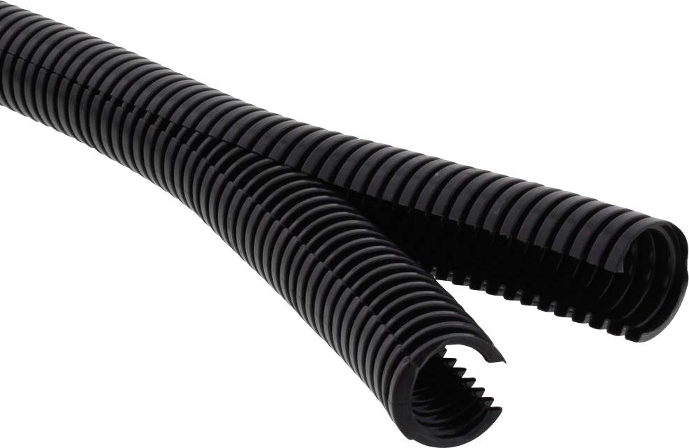 Deux tubes ondulés en plastique noir, entrelacés, sur un fond blanc. Ils servent typiquement à protéger les câbles.