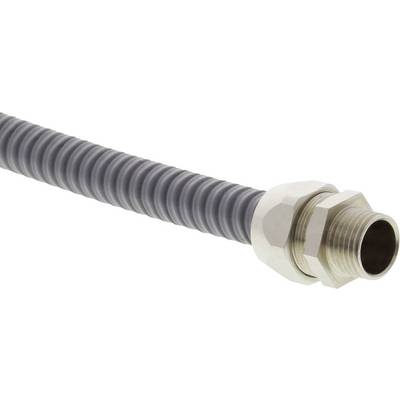 Gaine de protection métallique pour câble avec surface nervurée et écrou de raccordement à l'extrémité, utilisée pour la gestion et la protection des câbles.