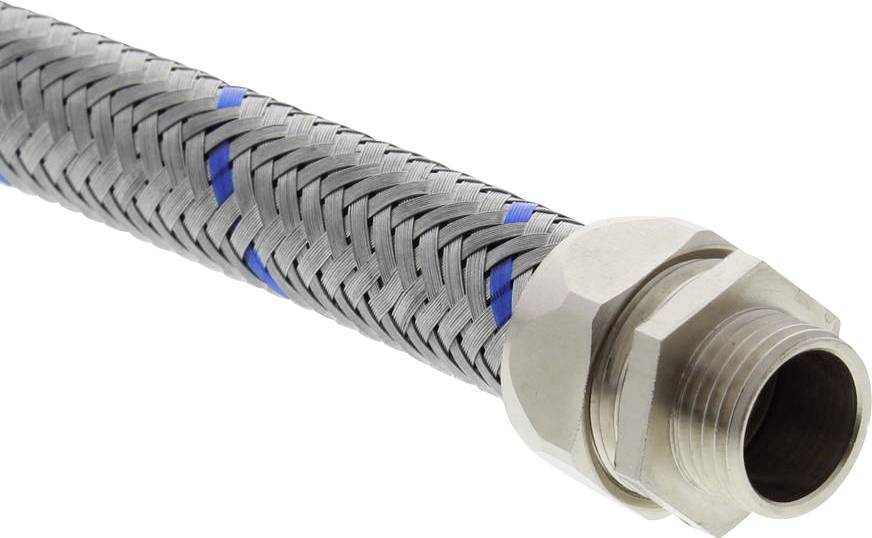 Tuyau flexible métallique tressé avec des accents bleus, se terminant par un raccord fileté. Utilisé pour le transport de liquides industriels.