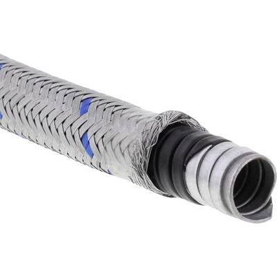 Un tuyau flexible en métal avec un marquage bleu, adapté pour le raccordement à des systèmes ou des appareils hydrauliques.