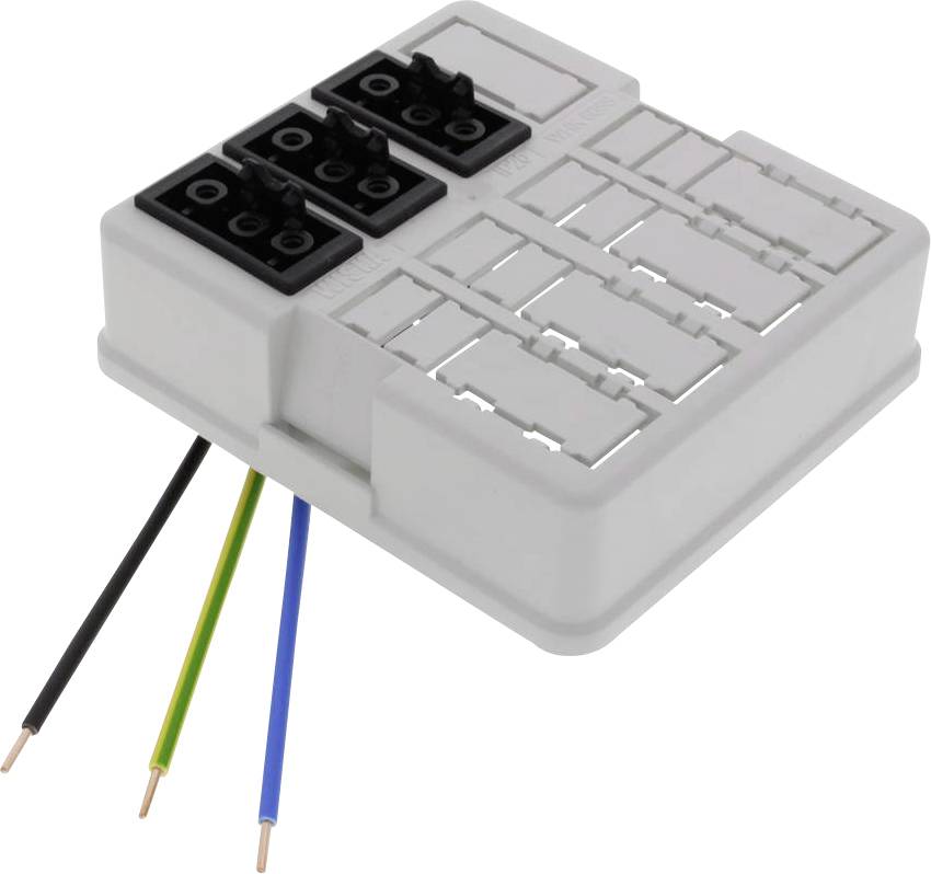 Prise électrique blanche multiprises avec plusieurs emplacements et trois câbles distincts dans les couleurs noir, jaune-vert et bleu.