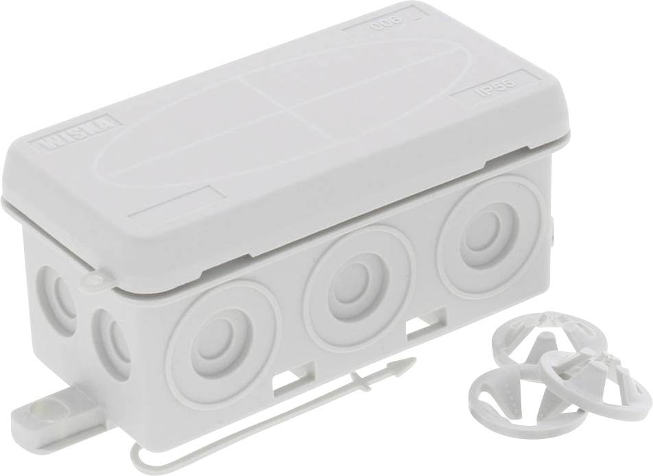 Boîte de connexion électrique blanche à plusieurs entrées rondes et couvercle amovible, avec supports de fixation inclus.