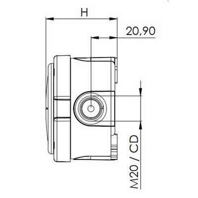 Dessin technique d'un composant avec cotations : 'H', 20,90, 'M20/CD'. Présente une vue latérale et la position du perçage.
