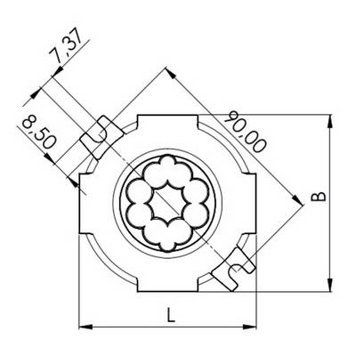 Dessin technique d'un composant mécanique avec un motif circulaire au centre, avec des dimensions de 7,37, 8,50 et 90,00.
