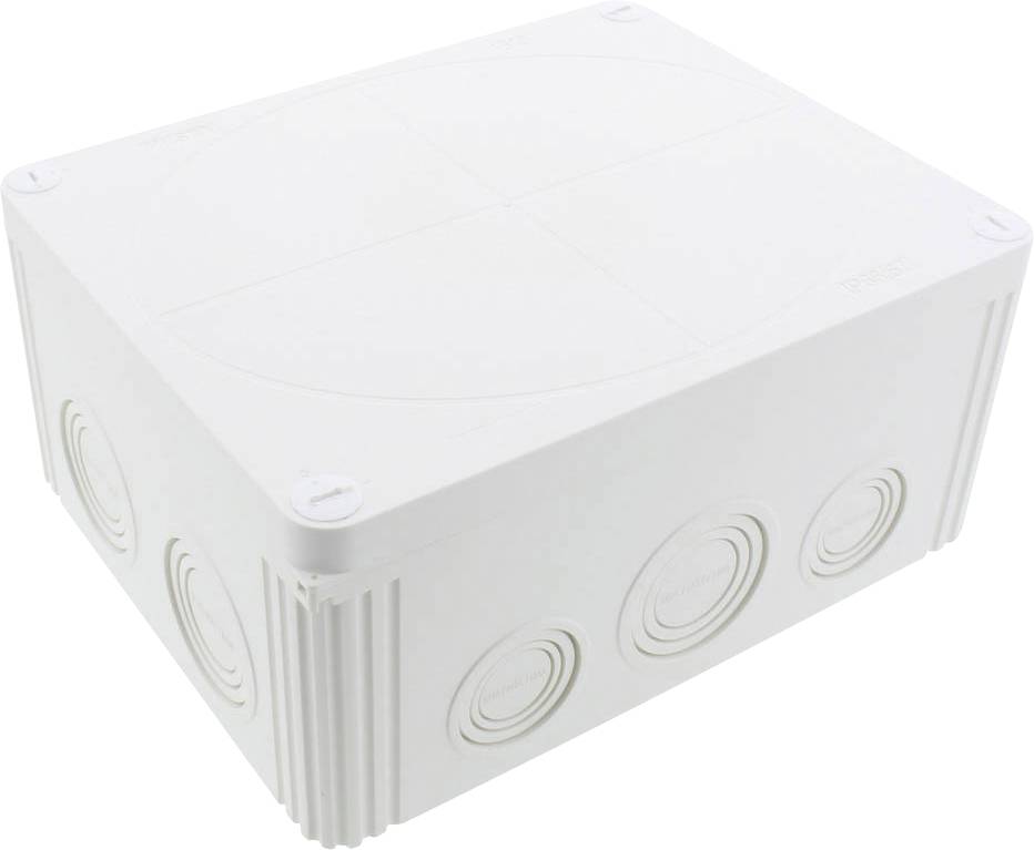 Boîte de dérivation en plastique blanc avec plusieurs entrées de câbles sur les côtés. Elle est adaptée aux installations électriques.
