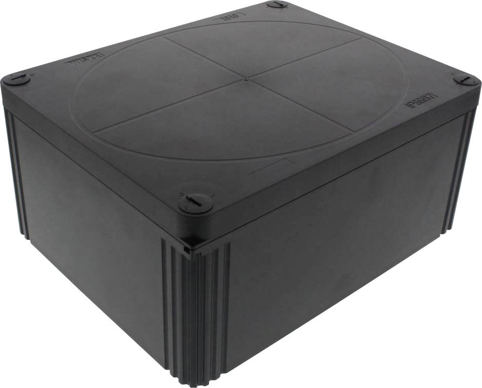 Une boîte en plastique noir, rectangulaire, avec des coins arrondis et une surface texturée.