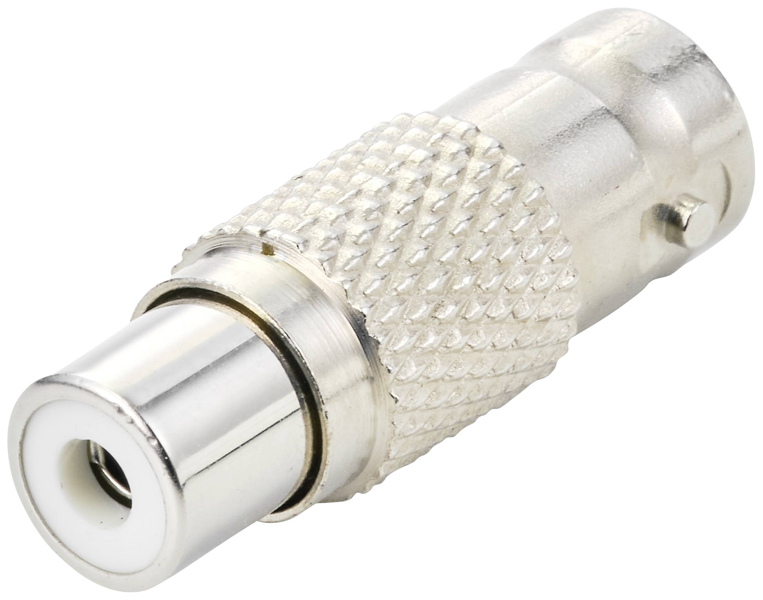 Un adaptateur métallique de connecteur BNC vers prise RCA, couramment utilisé pour les connexions vidéo dans les applications audio et vidéo.