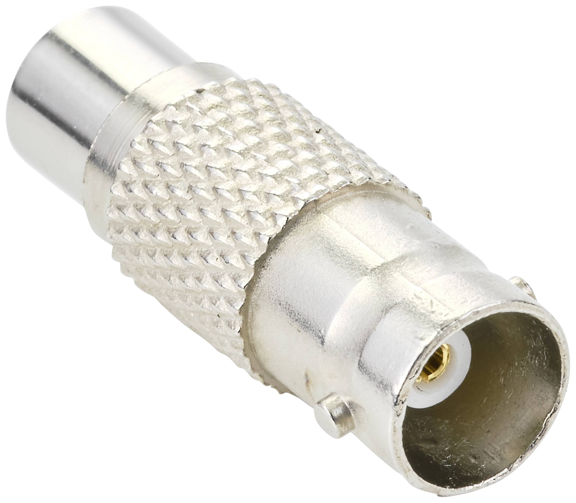 Connecteur BNC métallique avec surface striée et finition argentée, utilisé pour les connexions de câbles coaxiaux dans les appareils électroniques.