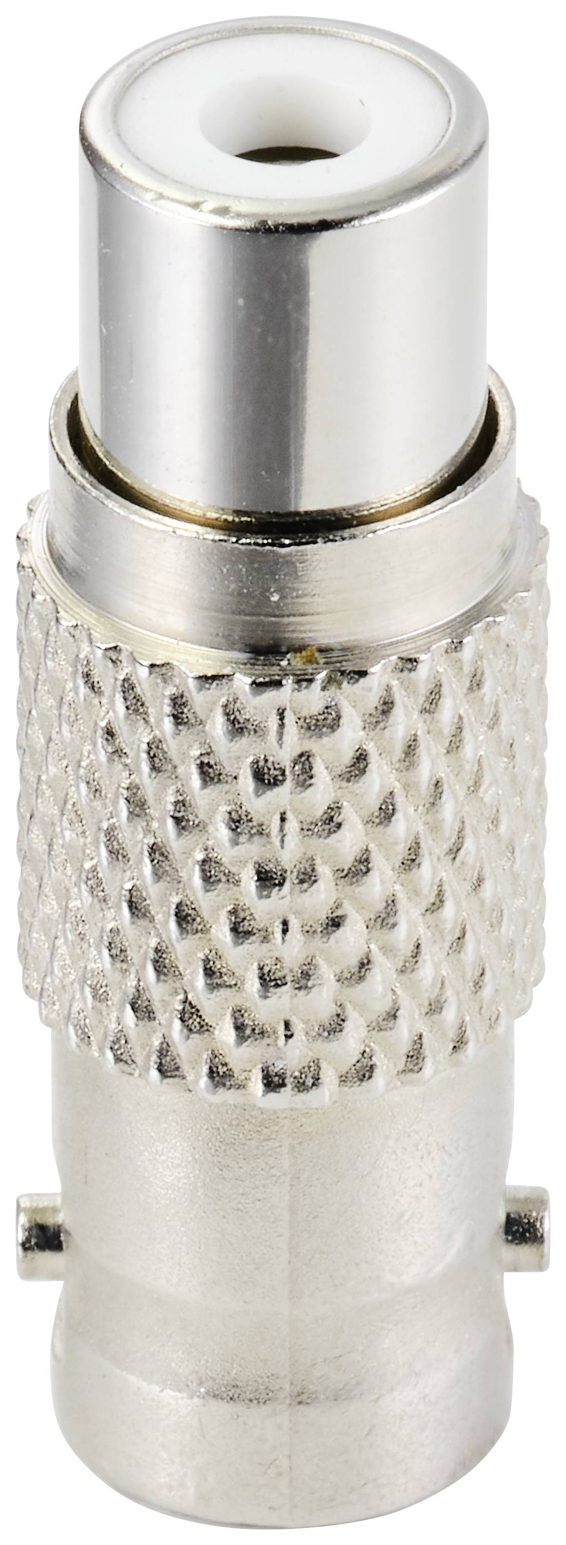 Connecteur coaxial argenté, couramment utilisé pour les connexions audio et vidéo, doté d'une surface striée pour une meilleure prise en main.