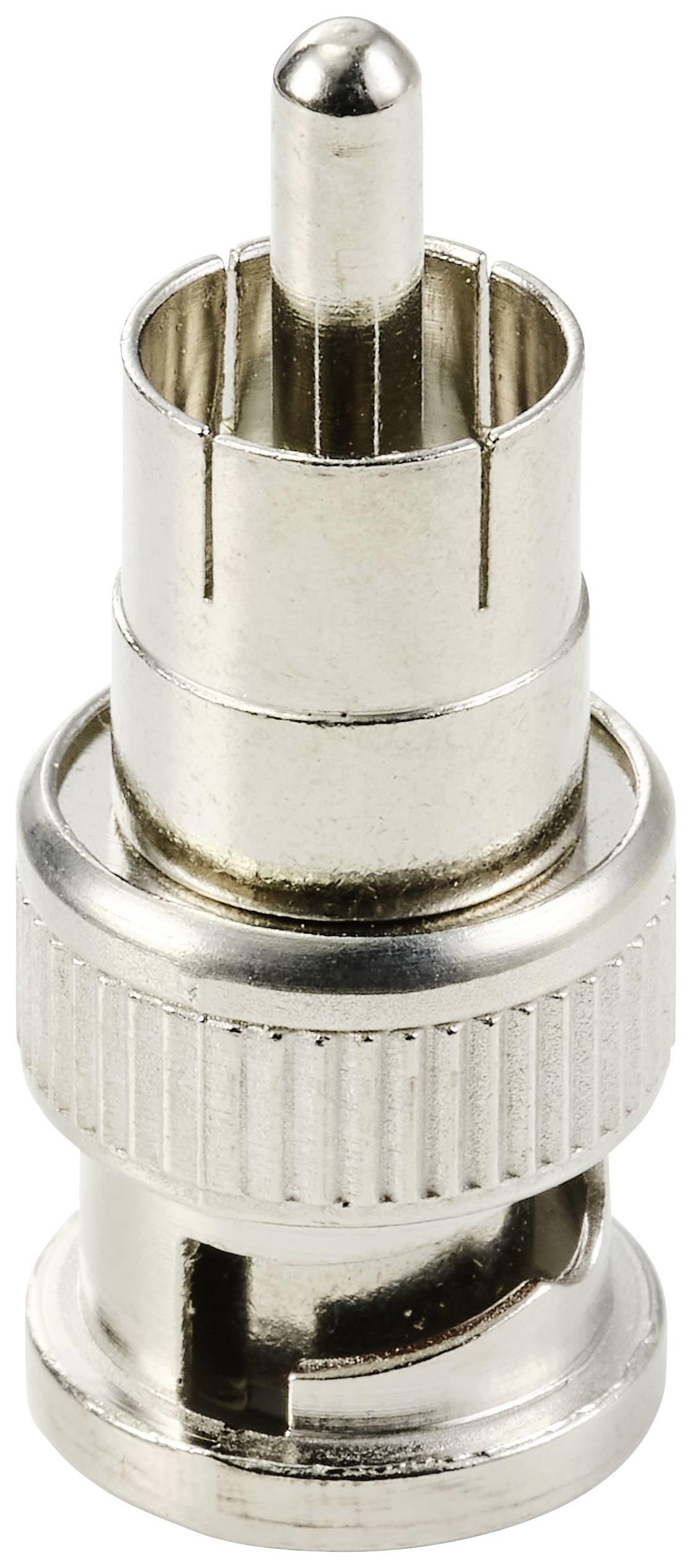 Un adaptateur en métal argenté doté d'un connecteur mâle, utilisé pour les signaux audio ou vidéo.