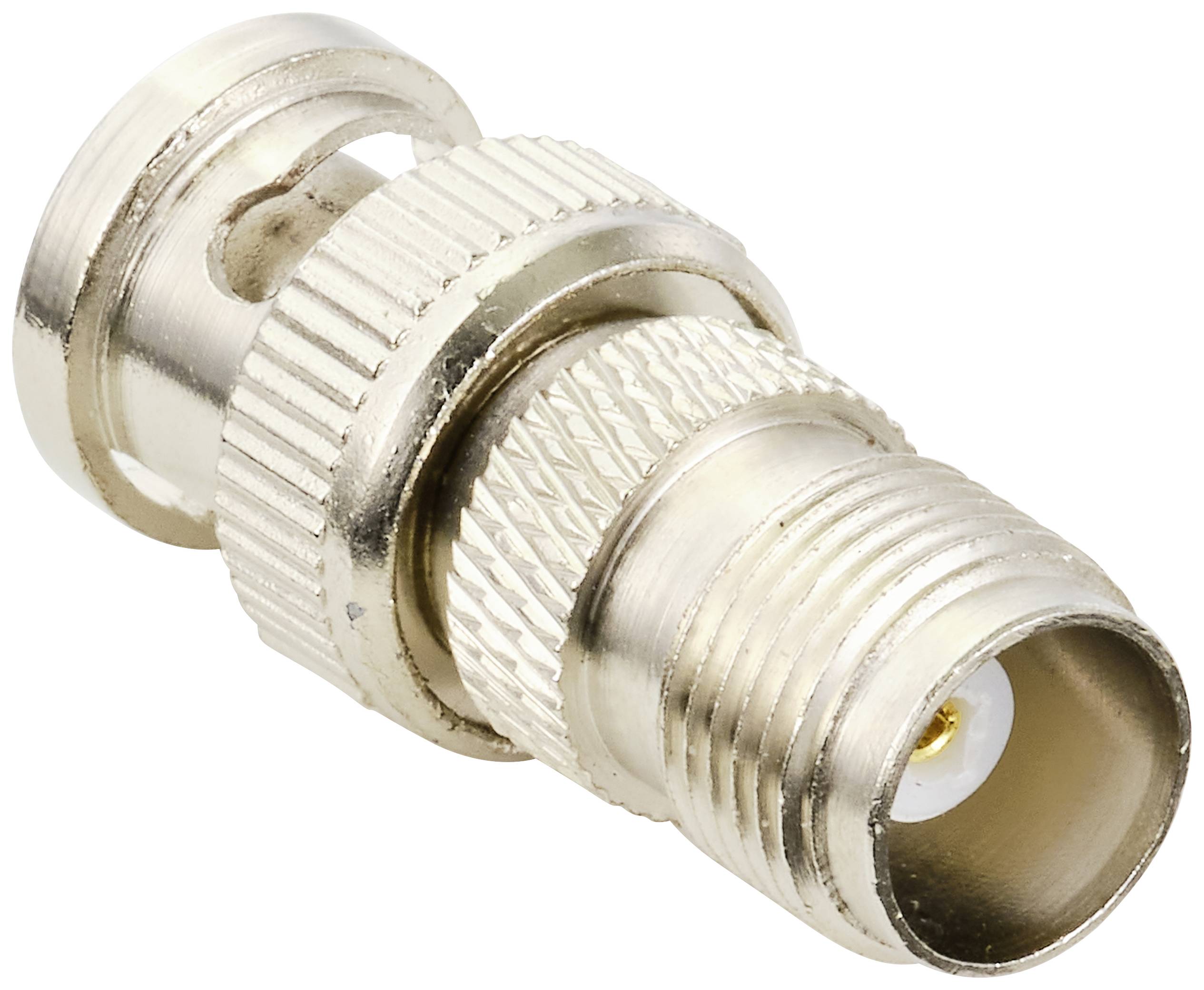 Connecteur BNC, doré et cranté, pour connexions de câbles coaxiaux, gros plan en vue diagonale.