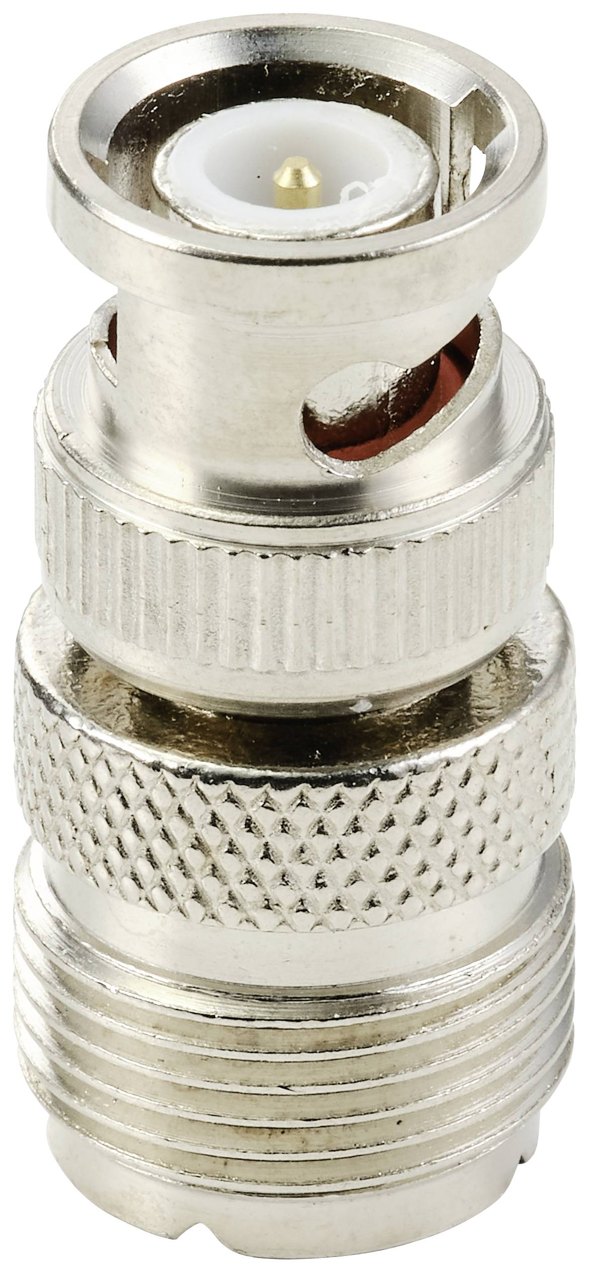 Adaptateur BNC métallique à poignée striée et filetage rotatif, adapté pour la connexion de câbles coaxiaux.