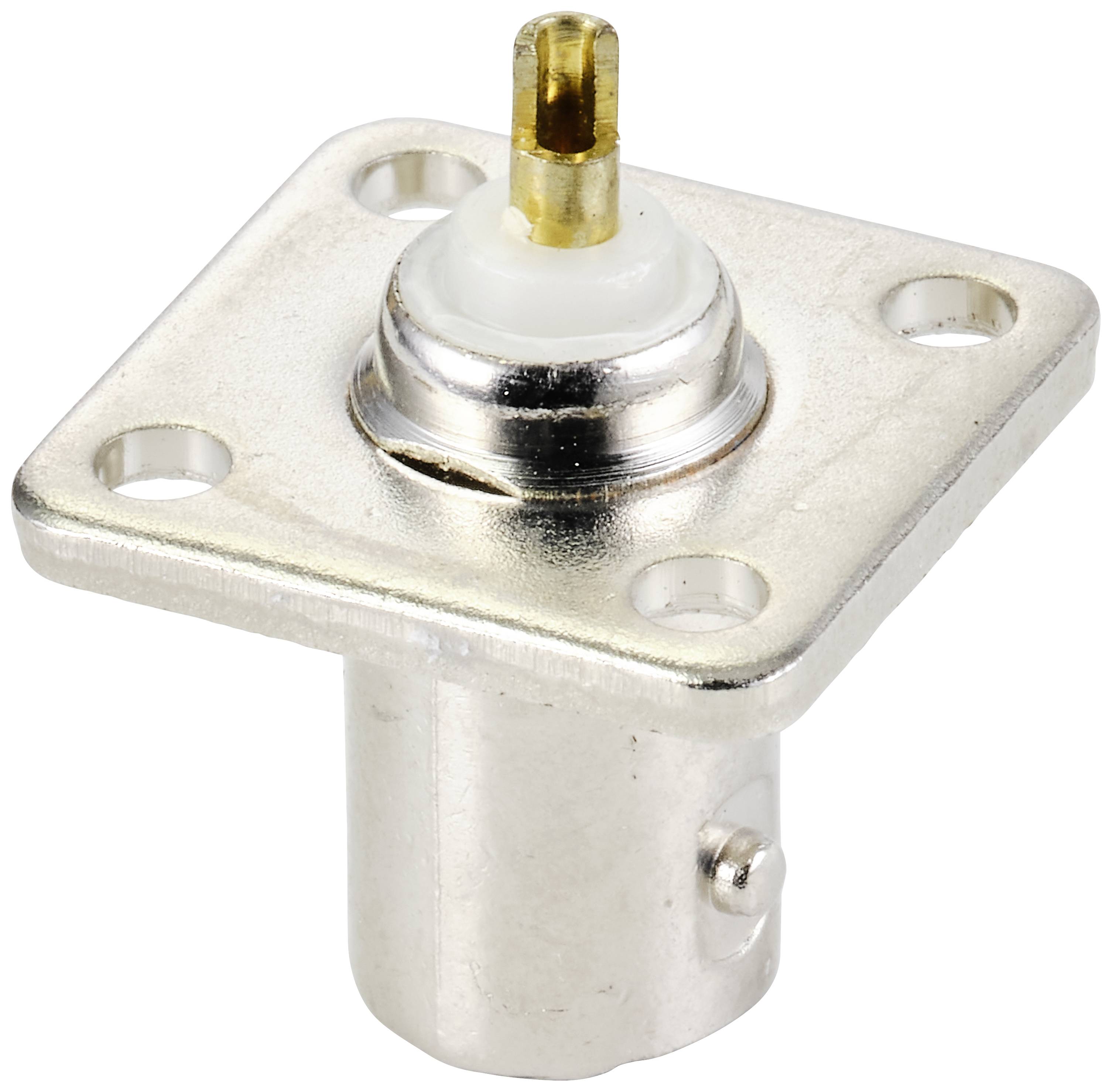 Connecteur coaxial simple avec platine de montage carrée et quatre trous de fixation, utilisé pour les connexions électriques.