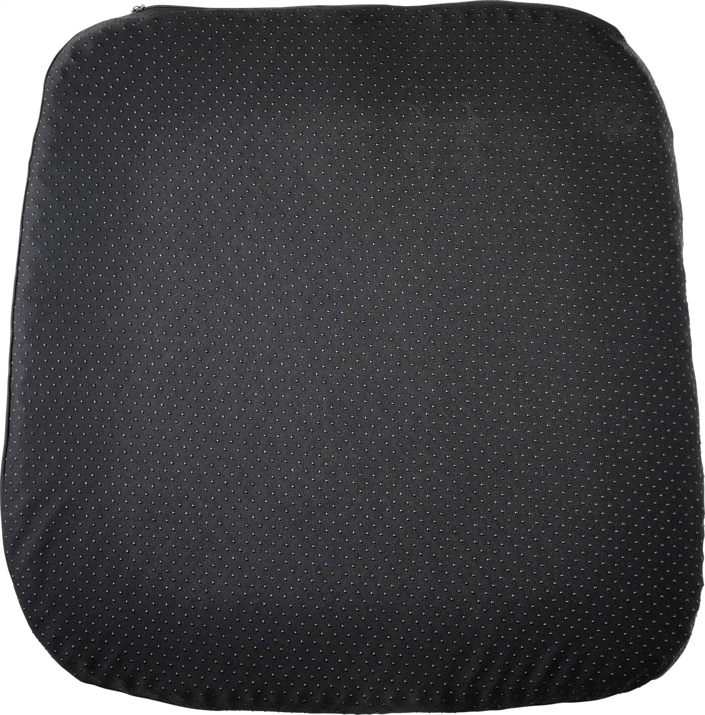 Un coussin d'assise rectangulaire noir avec de fins points clairs, probablement conçu pour plus de confort sur une chaise ou un fauteuil.
