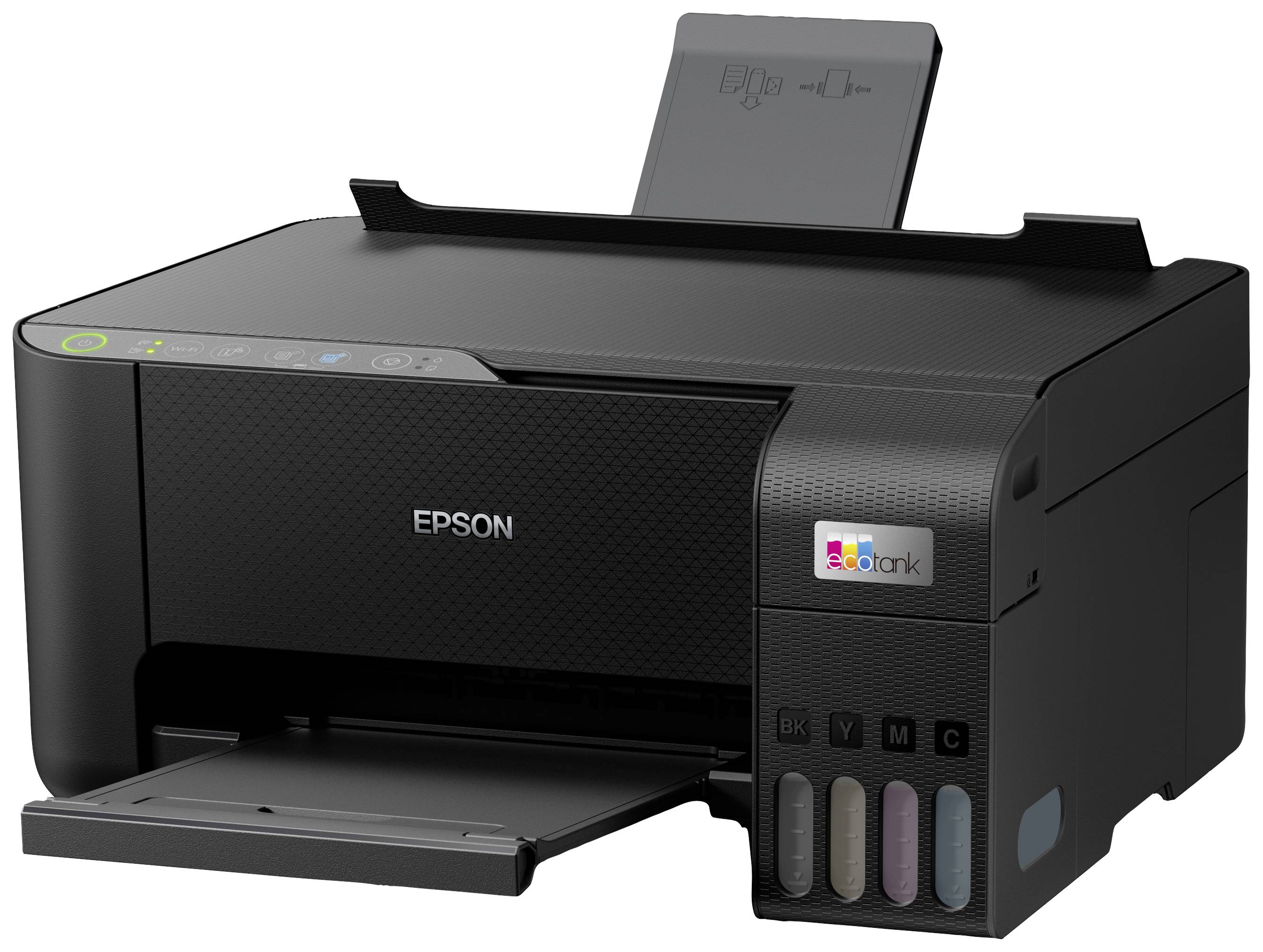 Imprimante Epson noire avec réservoirs d'encre couleur sur le côté droit. Un chargeur de papier est situé en haut. Adaptée pour un usage domestique ou de bureau.