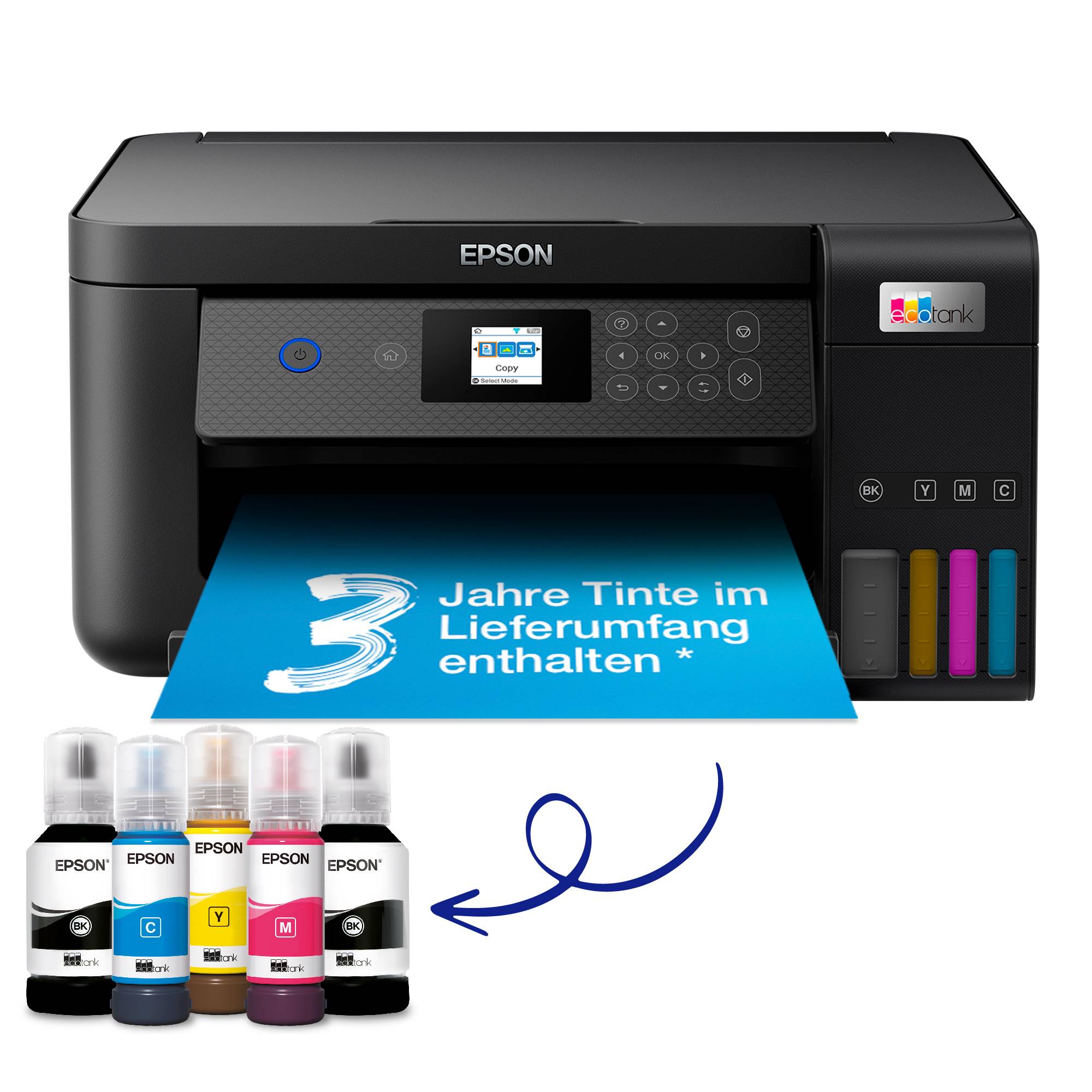 Imprimante multifonction Epson avec réservoir d'encre intégré et page bleue indiquant '3 ans d'encre inclus *'. Quatre bouteilles d'encre sont représentées à côté.