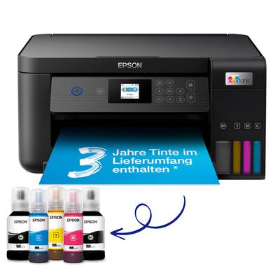 Imprimante multifonction Epson avec réservoir d'encre intégré et page bleue indiquant '3 ans d'encre inclus *'. Quatre bouteilles d'encre sont représentées à côté.